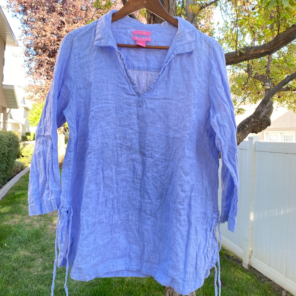 Isaac Mizrahi Blue 100% Linen V-Neck 3/4 Sleeve Tunic Blouse with Side Ties